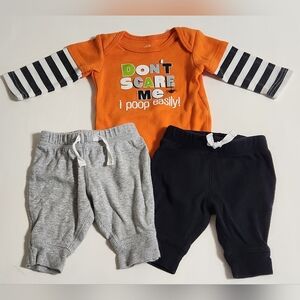 Newborn Halloween Orange Onesie With Long Sleeves & 2 Pairs of Newborn Bottoms